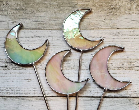 Stained Glass Iridescent Moon Planter Stake