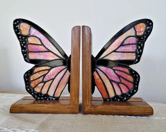 Stained Glass Butterfly Monarch Bookends