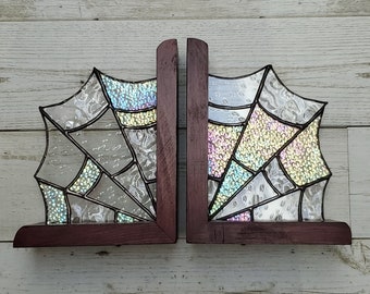 Stained Glass Web Bookends. Stained Glass Halloween, spooky decor, goth home, book lover, spider lover, stained glass home, glass bookends