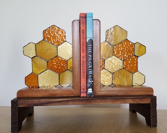 Stained Glass Honeycomb Bookends, Amber Glass, Bee Decor