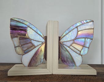 Stained Glass Butterfly Bookends. Iridescent moth bookends, copper decor
