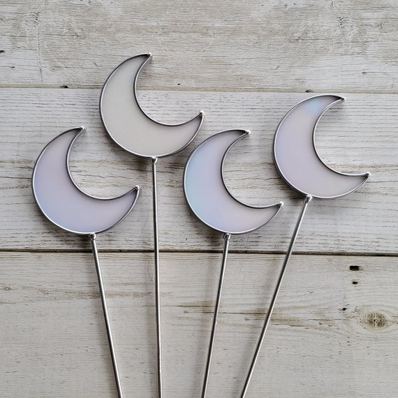 White Iridescent Stained Glass Moon Planter Stake