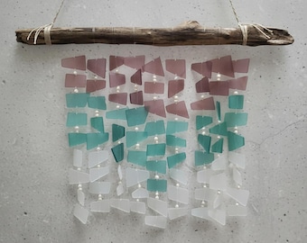 Handmade Stained Glass Mobile, Frosted Sea Glass Wind Chime, Beach Decor
