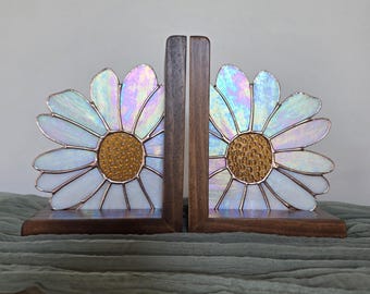 Daisy Bookends, stained glass iridescent glass bookends