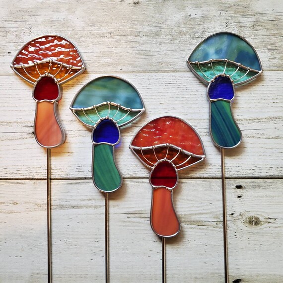 Stained Glass Mushroom Planter Stake