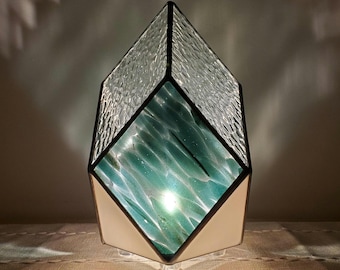 Teal Stained Glass Geometric Lamp: Modern Tabletop Night Light