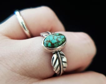 Handmade Patagonia Turquoise Sterling Silver Ring with Feather Detail - Size 8.25