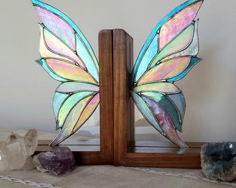 Fairy Wing Bookends, stained glass fairy wings, fairytale gift, fairy birthday, book lover, bookworm gift, pixie wings, pixie girl