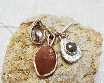 Sterling Silver Charm Necklace: Sunstone, Rutilated Quartz & Diamond