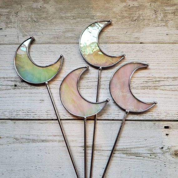 Stained Glass Iridescent Moon Planter Stake