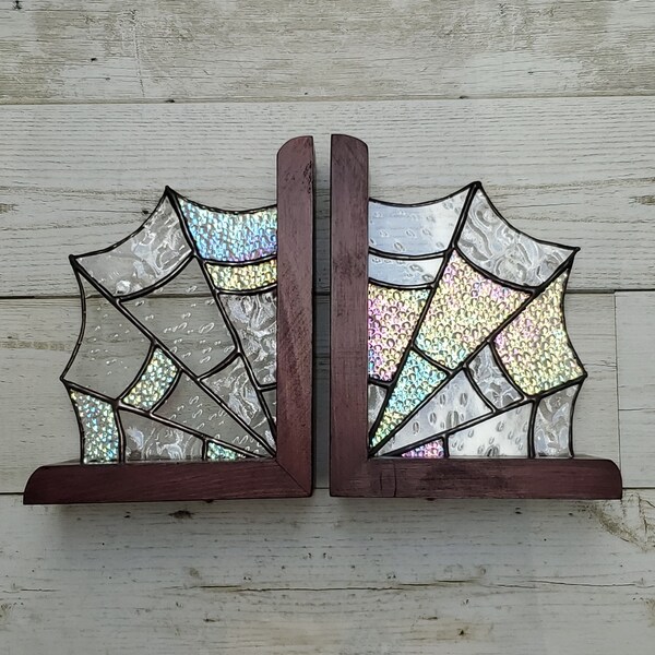 Stained Glass Web Bookends. Stained Glass Halloween, spooky decor, goth home, book lover, spider lover, stained glass home, glass bookends