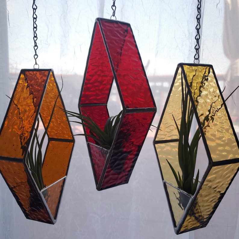 love suncatcher window hanging Birthday gift Mother/'s Day housewarming plant lover Stained Glass *Includes real air plant* Holder