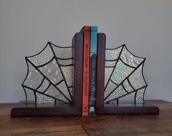Stained Glass Web Bookends. Stained Glass Halloween, spooky decor, goth home, book lover, spider lover, stained glass home, glass bookends