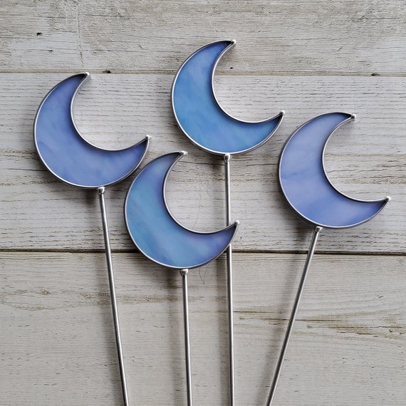 Blue Iridescent Stained Glass Moon Planter Stake