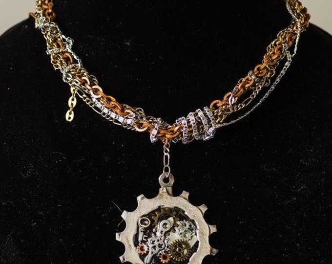 Steampunk Gear Necklace with Rope Chain