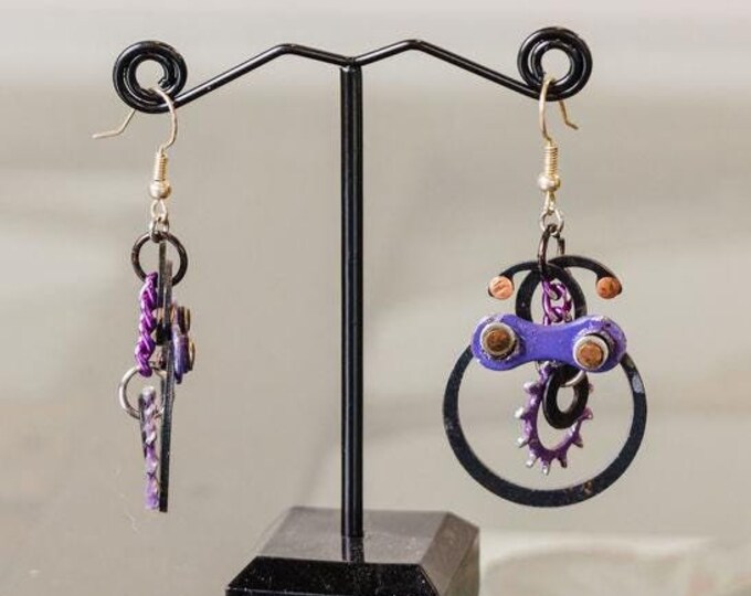 Purple Abstract Bike Parts Earrings