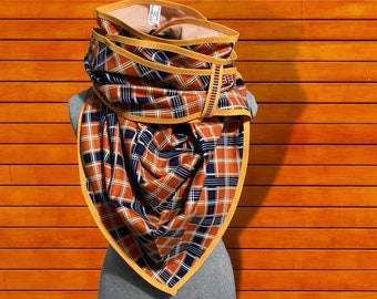 Orange triangular scarf XXL, check reversible scarf, XXL giant scarf