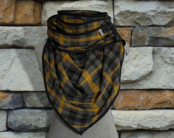 Checked triangular scarf XXL, gray jacquard scarf, elegant checked scarf