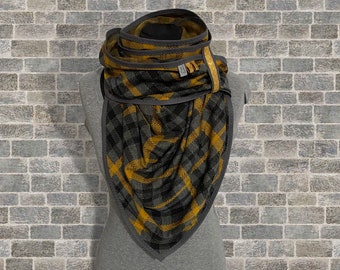 gray checked triangular shawl, mustard yellow jacquard shawl, fine checked shawl mustard & black