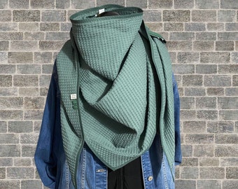 Emerald triangular scarf waffle pique, green cotton scarf XXL, neckerchief