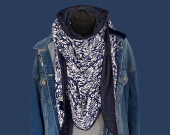 Dark blue floral triangular scarf, blue XXL giant scarf