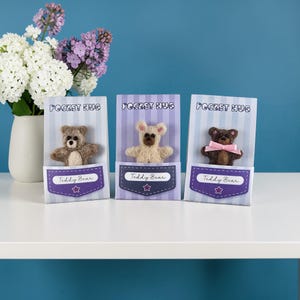 May include: Three small, handmade teddy bears in a pocket-like display. Each bear is a different color: brown, beige, and dark brown with a pink bow. The cards read "Pocket Hug" and "Teddy Bear". The background is a blue wall with a vase of flowers.
