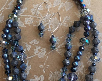 SALE - Shades of Blue and Sparkle with this three strand necklace and Earrings