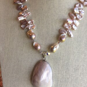 SALE - Stunning one of a kind Pink/Mauve pearl necklace with large handmade mother of pearl pendant