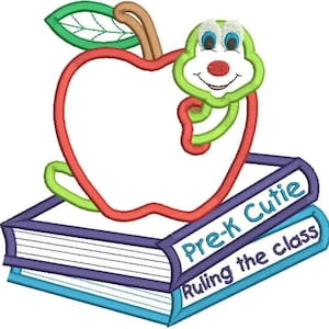 Pre-K Cutie, Ruling the Class, Apple with Worm and Books, Back to School, Pre K Applique Machine Embroidery Design Applique, 465