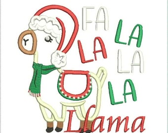 May include: A festive illustration of a llama wearing a Santa hat and a green scarf. The llama has a red saddle and the words "Fa La La Llama" are written in red, green, and white. The design is on a white background.