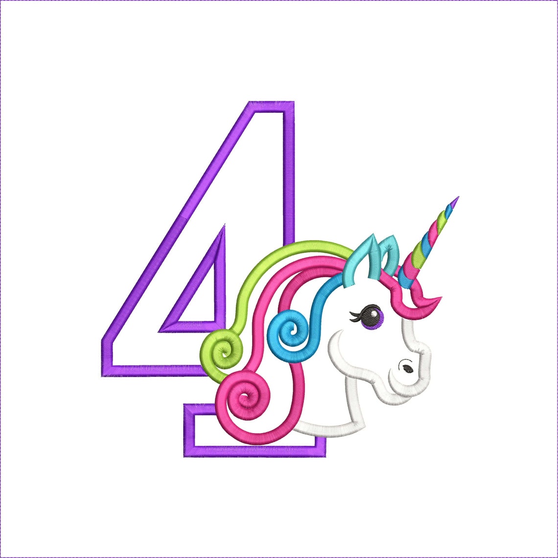 cute unicorn head number 4 birthday applique design 4th etsy