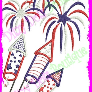 May include: Three red, white, and blue fireworks with a star design. The fireworks are exploding with red, white, and blue sparks.