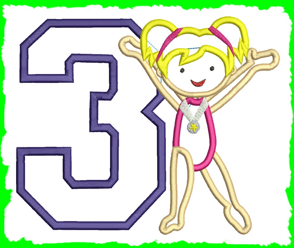 Gymnastic Girl 3 Number 3 Birthday Applique Embroidery Design Etsy