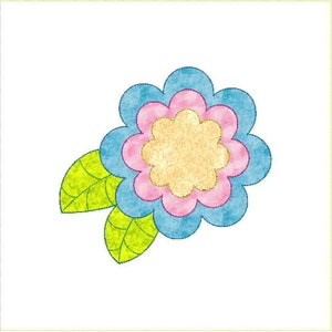 May include: A blue, pink, and yellow flower with green leaves. The flower has a layered design with a yellow center and pink and blue petals.