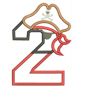 May include: An embroidered design featuring the number "2" in red and black, overlaid with a pirate hat in tan and a red eye patch. The hat has a skull and crossbones emblem. Suitable for apparel or craft projects.