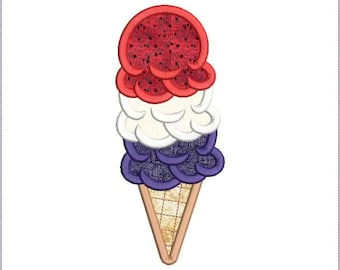 May include: A three-scoop ice cream cone with red, white, and blue ice cream. The cone is decorated with a waffle pattern.