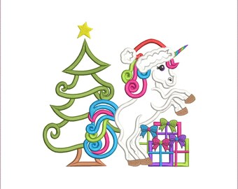 May include: A white unicorn wearing a Santa hat stands next to a green Christmas tree. The unicorn has a rainbow mane and tail and is holding a stack of wrapped gifts with purple, blue, and pink bows.