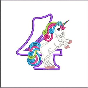 Unicorn 4th Birthday, Number 4 birthday, Embroidery Design, Applique, Machine Embroidery Design 617