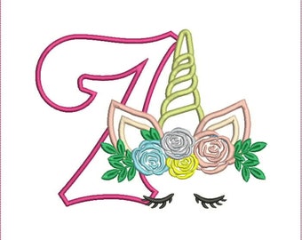 Unicorn 7th Birthday Applique , Number 7, birthday, Embroidery Design, Machine Embroidery Design 511