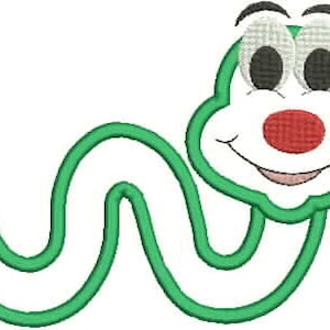 May include: A cartoon-style green caterpillar with a smiling face, large eyes, and a red nose. The caterpillar's body is a winding, segmented shape, and the image is set against a white background. This design is suitable for children's products.