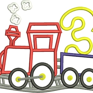 May include: A red toy train with a yellow number three on top. The train has black wheels and is on a gray track. There are white clouds above the train.