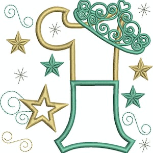May include: An embroidered design featuring the letter "I" in gold and teal, decorated with stars and swirls. The top of the letter is embellished with a teal tiara-like design. The image has a festive, celebratory theme.