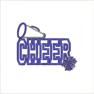 May include: Purple and grey cheerleading design with the word "CHEER" in a bold font, a megaphone, and a pom-pom.
