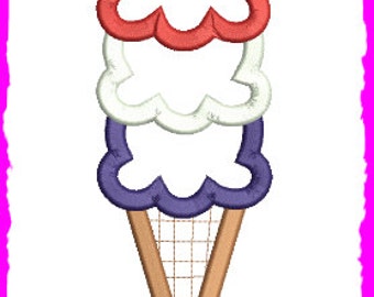 May include: A three-scoop ice cream cone with red, white, and purple ice cream. The cone is brown and has a waffle pattern.