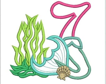 7th Birthday Mermaid Under the Sea Applique, Machine Embroidery Design 488