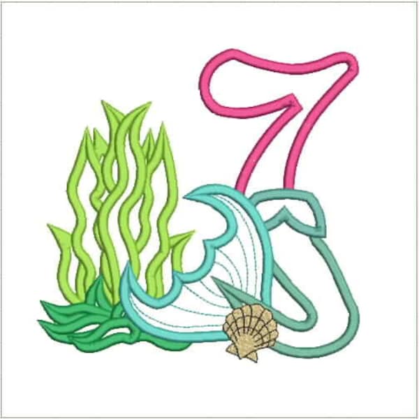 7th Birthday Mermaid Under the Sea Applique, Machine Embroidery Design 488