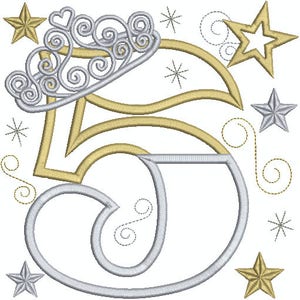 Split Number 5 with Crown and Star, 5th, Fifth Birthday, Gold Star, Shooting Star, Crown, Princess Birthday, Machine Embroidery design 397
