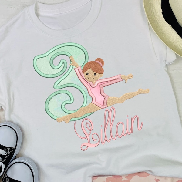Birthday Gymnastic Girl with number 3, 3rd birthday, Third birthday, gymnastic 3rd birthday, Applique Embroidery design 733