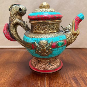 Vintage Nepalese Brass Teapot, Turquoise Coral Inlay, Dragon Handle, Tibetan Style Vessel