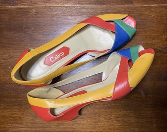 Vintage 1980s Calico Color Block Leather Peep Toe Pumps | Red Yellow Blue Green Leather Heels | Women’s Size 8M Retro Shoes